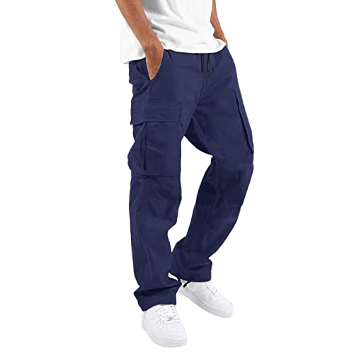 Pantalones cargo ligeros para hombre, pierna ancha, cintura elástica, cordón ajustable, pantalones casuales con múltiples bolsillos, color sólido, ropa de trabajo para el ocio y senderismo, azul