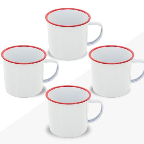 FUN FAN LINE - Set di tazze smaltate 350ml caffè/tè/calde/fredde, Mug vintage da campeggio, picnic o viaggio, Design retrò colori pieni, Leggero, portatile e resistente (Bianco con rosso, 4 tazze)