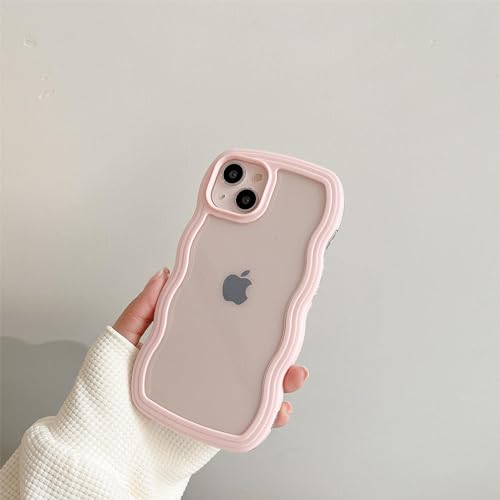 Image of MIDOS Back Cover Compatible with iPhone 15, Cute Curly Wave Frame Clear Case for Girls Women, Transparent Soft Silicone TPU Bumper Shockproof Protective Cover for iPhone 15 (Pink)