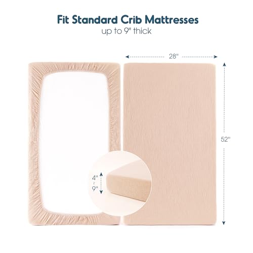 Image of GRSSDER 100% Cotton Muslin Crib Sheet 2 Pack - Breathable & Ultra-Soft Fitted Crib Sheets for Standard Baby & Toddler Mattresses, 52 inchx28 inch with 9 inch Deep Pocket, Snug Fit All-Around Elastic