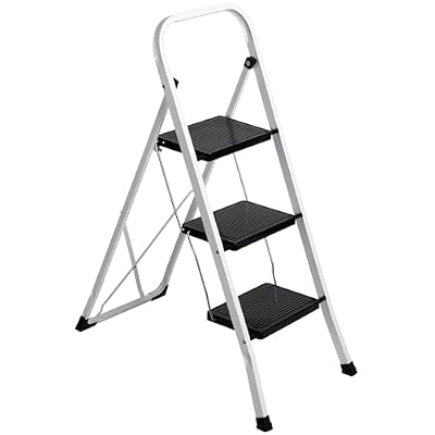 F2C 3 Step Ladder Folding Step Stool with Convenient Handgrip, Portable Steel Step Stool with Sturdy Wide Anti-Slip Pedal, 330lbs,Perfect for Home, Garage, Office, and Outdoor Use