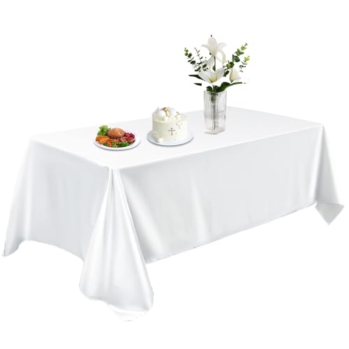 Satin Table Cloth 58x102 Inch, Washable Rectangle Shiny Tablecloth, Smooth Fabric Tablecover Bright Silk Desk Decoration for Dining Kitchen, Party, Wedding, Banquet, White
