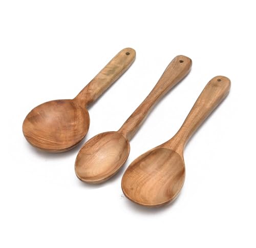 Image of Sanjeev Kapoor by OGGN Handmade Wooden Spoon Spatula Set of 3, Neem Wood Spoons N Spatulas Combo, Non-Sticky Ladles, Palta, Turner, Pasta Serving Spoon for Flipping, Frying, Serving Food (Pack of 3)