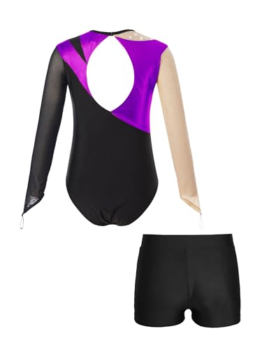 Kids Girls Mesh Long Sleeve Gymnastics Leotards with Athletic Shorts Sets Biketard Dance Outfits2