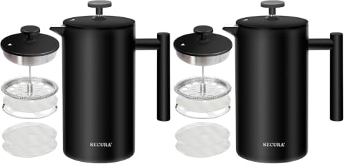 Image of Secura French Press Coffee Maker, 304 Grade Stainless Steel Insulated Coffee Press with 2 Extra Screens, 34oz (1 Litre), Black (Pack of 2)
