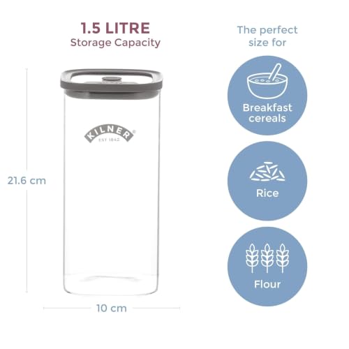Image of Kilner Premium 1.5 L Fresh Storage Airtight Glass Jar Set of 2 with Vacuum Seal for Cereals, Flour, Dry Goods, Pulses, Daals | BPA-Free, Eco-Friendly Kitchen Container