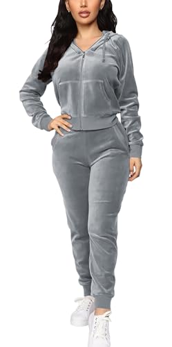 BOGURST Tracksuit for Women Set 2 Piece Jogging Suits Velour Sweat Outfits, Gray, X-Large