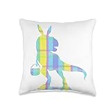 DinoWorks Spring Plaid Stripe Dinosaur Easter Bunny Ears Basket Rex Throw Pillow, 16x16, Multicolor