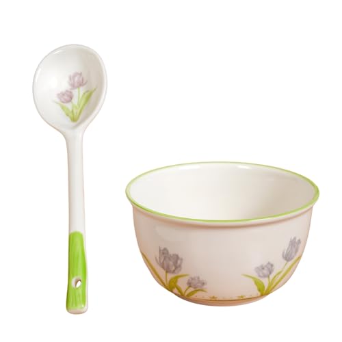 Image of Nestasia Set of 4 Ceramic Soup Bowl with Spoon (400ml) - Microwave Safe Bowl for Serving Soup, Curry, Dal, Custard, Kheer & Dessert | Floral Design Bowl Set Perfect for Gifting & Daily Use