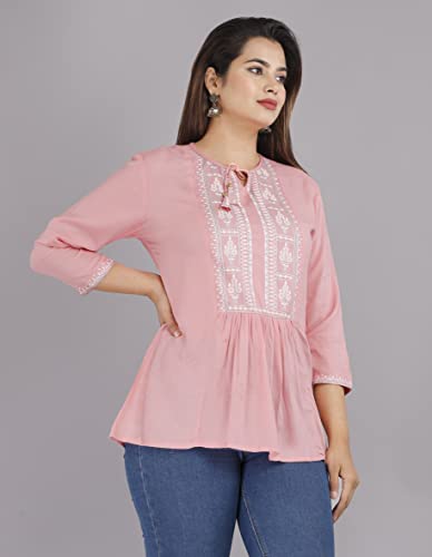 Image of Shiva Fab Short Kurti for Women | Embroidered Straight Rayon Kurta | Round Neck Full Sleeves Short Kurti for Women's