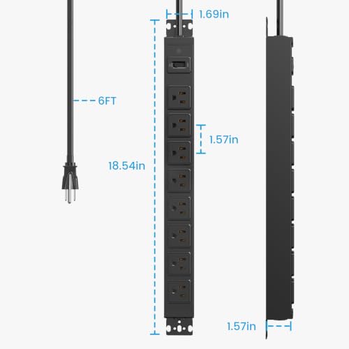 Regleta de poder metálica con rotación de 360°, 8 salidas, montable en pared, 6 pies, color negro, protector contra sobretensiones de 1200 J, 15 A, 125 V, 1875 W miniatura 5
