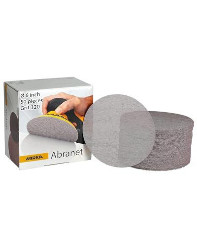 Mirka Abranet Mesh Sandpaper Discs, 6-inch, Grit 320 Hook and Loop Net Sanding Pads for Dust-Free Sanding, Suitable and Efficient for Wood, Metal, Plastic, Lacquer, and More, 50pcs for Orbital Sanders