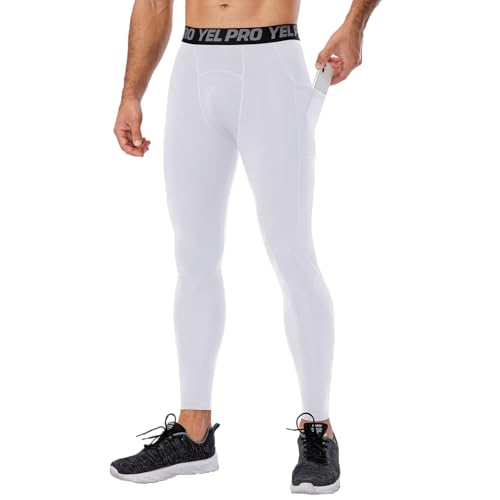 SPVISE Men's White Thermal Compression Pants Tights Leggings for Winter Fleece Lined Long Johns Sports Base Layer with Pocket