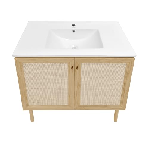 Image of Swiss Madison Classe 36 inch Freestanding Bathroom Vanity in Natural Oak with Sink Top