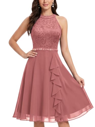Image of Miusol Women's A-Line Halter Neck Lace Chiffon Ruffle Cocktail Party Dress