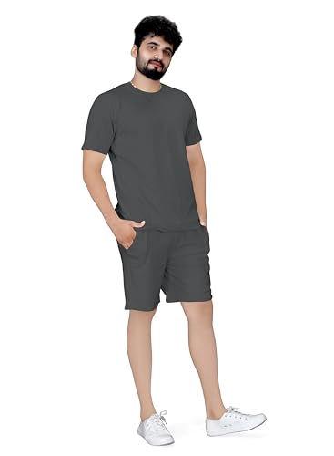 Image of ELLITI Cotton Blend Solid Casual Round Neck Half Sleeve Oversized Co-ord Set Men's, Pyjama Set, Sleepwear Loungewear T-Shirt and Shorts Combo for Men, Night Wear for Men, Night Suit for Men's