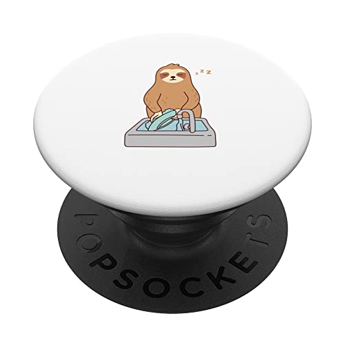 Cute Sloth Dishwashing Sleeping Tired Lazy PopSockets Swappable PopGrip, Black