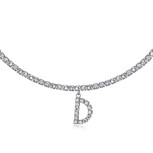 Initial D Necklaces for Women 14K White Gold Plated Cubic Zirconia Choker Silver Tennis Chain Letter Necklace Gift