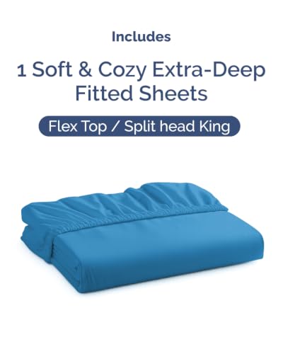 Image of Extra Deep Flex Top Split Head King Fitted Sheet - Hotel Luxury Single Fitted Sheet Only - Easily Fits 18 inch to 24 inch Mattress - Ultra Soft, Wrinkle Free w /Extra Deep Pockets - Denim Blue