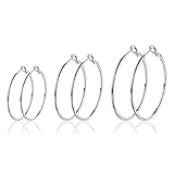  Aucuu Pendientes de Aros Grande Circulos, 3 Pares de Plata de Ley 925 para Mujer, Grandes Diseño Elegante de 3 Tamaños,Diámetro 31-52 mm (S M L)-Plata
