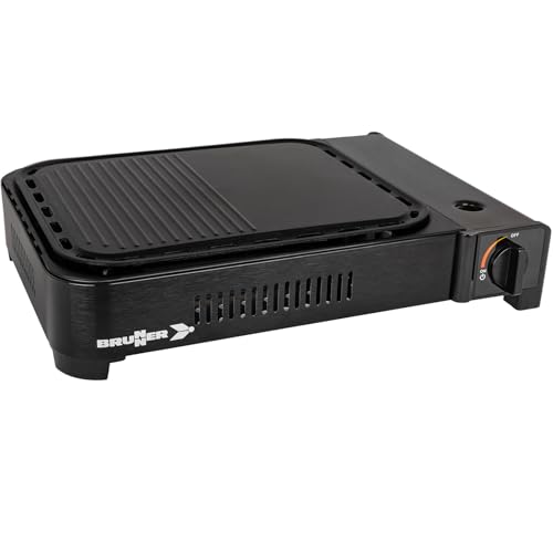 BRUNNER DEVIL MEGAGRILL 3-in-1 tragbarer Tischgrill für Gas-Kartusche 227g, 2200W, Camping-Gasgrill mit Grillplatte und Schmorpfanne mit Deckel, 2-4 Personen auch für Picknick, Balkon, Terrasse.