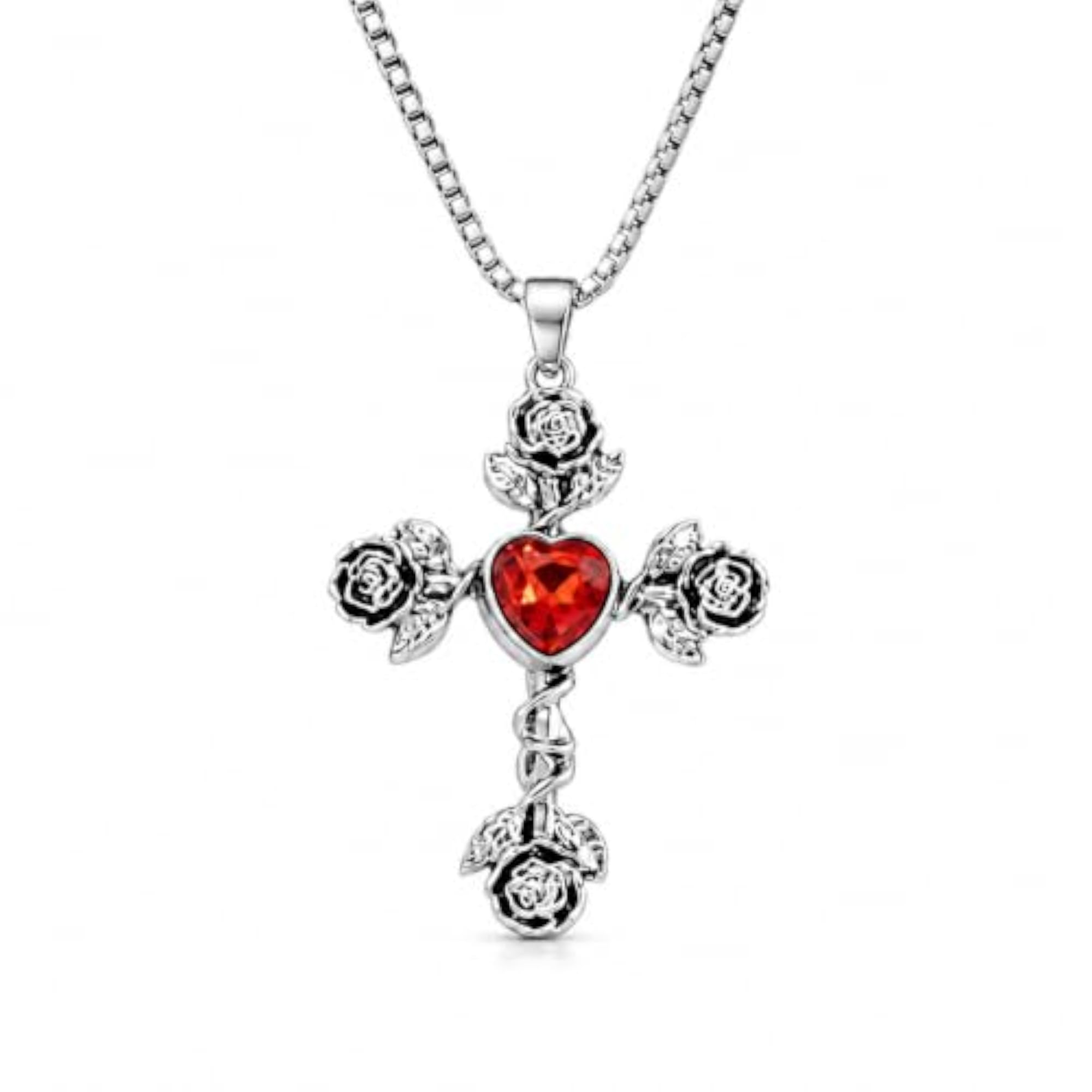 Vintage Rose Cross Pendant Necklace with Red Crystal