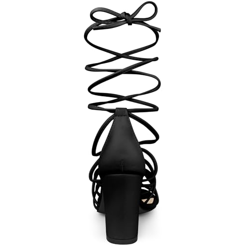 Allegra K Allegra K Women's Black Lace Up Strappy Heels Chunky Heel Sandals 9 M US