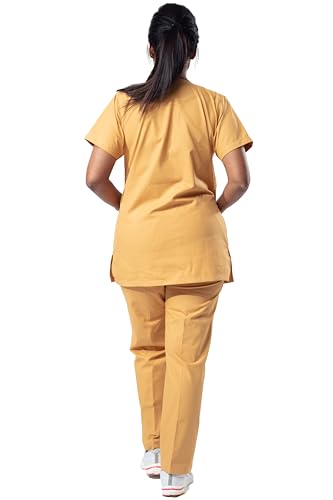 Image of UNIFORM CRAFT Women's 4 Pocket Scrub Suit Set | Medical Uniform | Cross V-Neck Poly Cotton | Short Sleeve Hospital Wear | Ideal for Doctors & Nurses (Mustard, L)