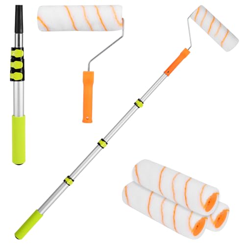 Paint Roller Set, Extendable Paint Rollers with Extended Detachable Thickended Pole 9 Inch Long Household Wall Painting Tool for Walls and Ceiling Painting on Smooth and Semi-Rough Surfaces