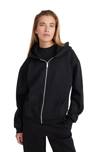 Style & Republic Damen Cropped Zip Hoodie aus Baumwollfleece Oversized Fit RIPP-Details gemütlich Hochwertig & stylisch mit Reißverschluss Schwarz M