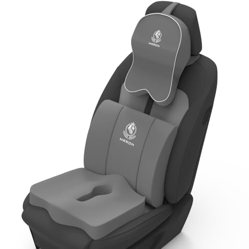 Image of MRRON Memory Foam Car Seat Cushion Combo - Backrest, Coccyx Cushion & Neckrest - Orthopedic Support for Back, Tailbone, Sciatica & Neck Pain - Ergonomic Comfort for Car, Office. (Grey, Lumbar)