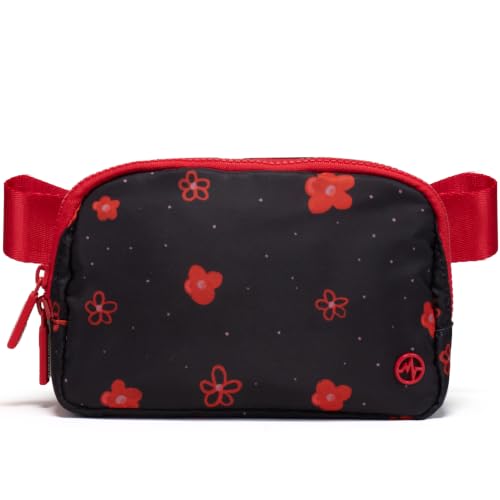 Pander 1L Printed Belt Bag for Women, Nylon Crossbody with Adjustable Strap, 2-Way Zipper, 3 Inner Mesh Pockets, Red Blue White Graphic Style, Cute Floral