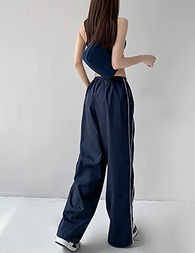 Yimoon Women's Baggy Y2K Track Pants Casual Loose Side Stripe Parachute Pants Elastic Waist Wide Leg Cargo Pants(Navy-M) #TOP4