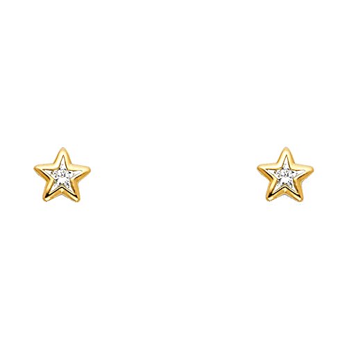 FB Jewels 14K Yellow Gold Star White Cubic Zirconia CZ Womens Stud Earrings