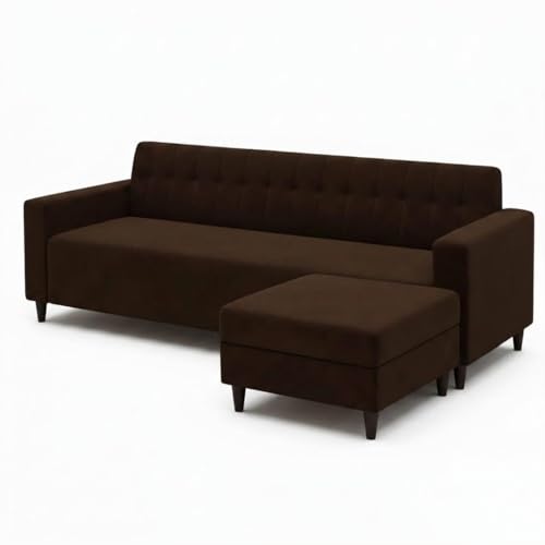 Image of FURNY Luxe 4 Seater L Shape Sofa Set with Movable Ottoman | Flexible Left or Right Layout | Plush Velvet Fabric (Dark Brown-Cream) | Perfect for Living Room, Guest Room & Office