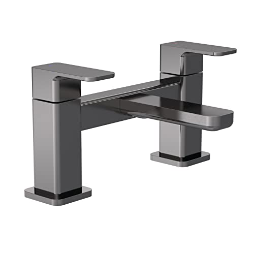 nuie WIN703 Windon Modern Bathroom Square Deck Mounted Bath Filler Tap with Lever Handles, 230mm, Brushed Pewter - Image 2