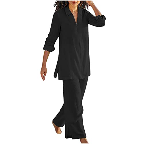 NUSGEAR 2023 Conjunto Dos Piezas Mujer Casual Lino algodón Camisa manga larga y Pantalones verano otoño Deportivo Suelto Traje Cómodo cuello en V Conjunto Casa Moda Color sólido ligera Talla grande
