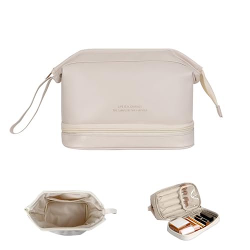 Pin Forest Travel Makeup Bag, Double Layer Waterproof Leather Cosmetic Bag, Large Makeup Bag, 2-in-1 Portable Travel Cosmetic Bag for Women and Girls (White)