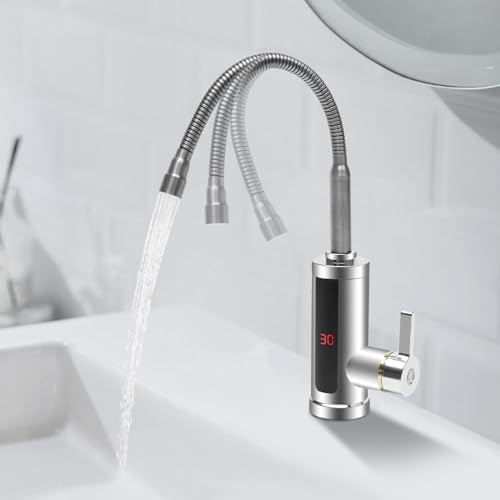 Elektrischer Wasserhahn, 220V 3000W Wasserhahn mit Durchlauferhitzer Küche, Elektrische Heizung Wasserhahn, LED Temperaturanzeige 360º Misch Drehung Küchenarmatur, für Badezimmer Küche Camping