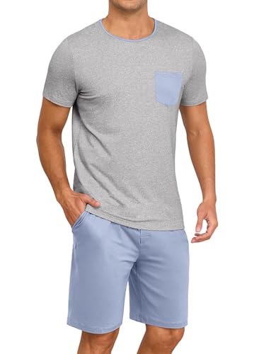 Image of PrinStory Mens Summer Pajamas Set Lightweight Pjs Sets Short Sleeve Pajama Shorts Set Soft Sleepwear Loungewear with Pockets