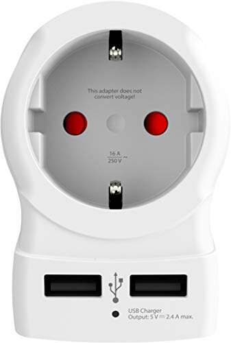 Skross Europe to USA Dual USB Travel Adapter, Travel Adapter Integrated with Dual USB Port & USA Plug, Designed in Switzerland for Devices from More Than 220 Countries, 1.500281 White