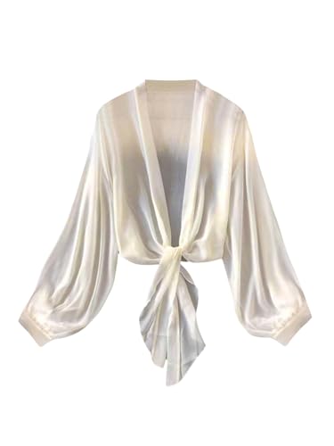 Women's Tie Front Chiffon Blouses Long Lantern Sleeve See Through Dressy Casual Shirts Cardigan