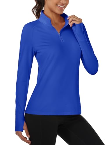 MAGCOMSEN Long Sleeve Shirts for Women Quarter Zip Fleece Pullover V Neck Running Workout Athletic Tops ColouredBlue, S