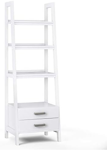 SIMPLIHOME Sawhorse SOLID WOOD 72 inch x 24 inch Modern Industrial Ladder Shelf with Storage in White with 2 Drawers and 4 Shelves, for the Living Room, Study and Office