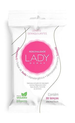 Lenço Umedecido Demaquilante Hipoalergêncio Toque de Seda Personalidade Lady Demak 20 unidades 20cm X 15cm