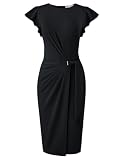 GRACE KARIN Kleider Damen Elegante Rundhals Rüschenärmel Bodycon Kleid Damen Business Outfit Wickelkleid Festliche Etuikleid Knielang Schwarz S