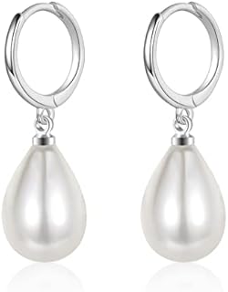 Pearl Drop Earrings for Women, Sterling Silver Pearl Dangle Earrings Hypoallergenic Teardrop Round Pearl Hoop Earrings Jewellery Gifts for Ladies Girls, Silver / Gold