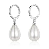 Sterling Silver White TearDrop Freshwater Pearl Hoop Earrings for Women - 10 mm Pearl With Silver Hoops Dangle Earrings - Ladies Girls Fashion Jewellery Gifts