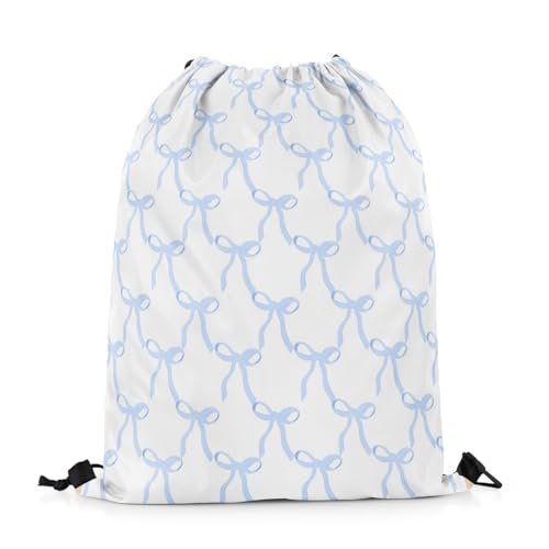 jejeloiu Blue Bow Print Drawstring Bags Cute Bowknot Sports Drawstring Sackpack Set Ribbon Bow Drawstring Backpack Blue Bow Room 13"x15.7"3