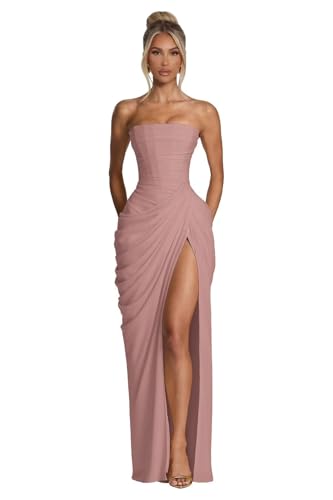 KNCERY Elegant Dusty Rose Prom Dresses for Women Strapless Ruched Chiffon Maxi Gown with High Slit Formal Bodycon Evening Dress for Party Size2